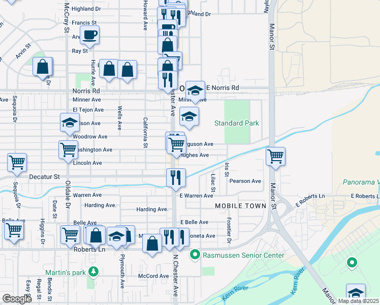 map of restaurants, bars, coffee shops, grocery stores, and more near 123 Hughes Avenue in Bakersfield