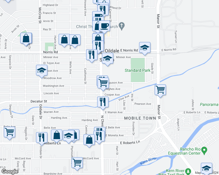 map of restaurants, bars, coffee shops, grocery stores, and more near 105 Hughes Avenue in Bakersfield
