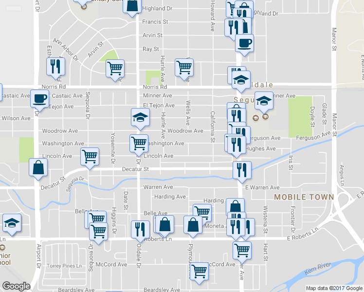 map of restaurants, bars, coffee shops, grocery stores, and more near 312 Lincoln Avenue in Bakersfield