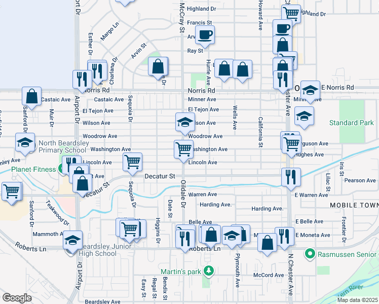 map of restaurants, bars, coffee shops, grocery stores, and more near 416 Lincoln Avenue in Bakersfield