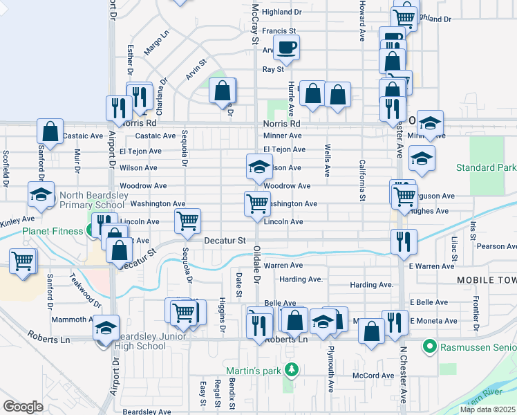 map of restaurants, bars, coffee shops, grocery stores, and more near 416 Lincoln Avenue in Bakersfield