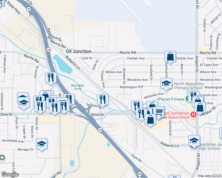 map of restaurants, bars, coffee shops, grocery stores, and more near 1650 Roberts Lane in Bakersfield