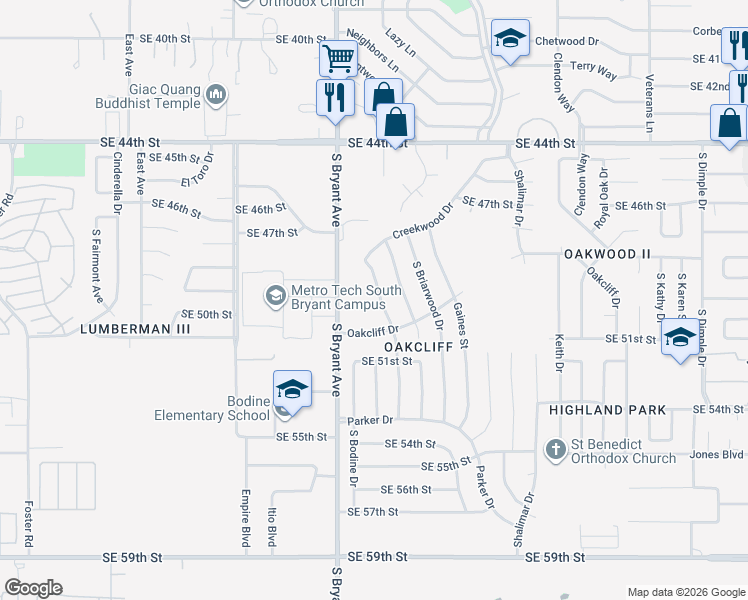 map of restaurants, bars, coffee shops, grocery stores, and more near 5005 Creekwood Terrace in Oklahoma City