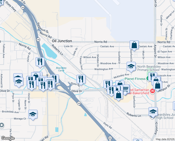 map of restaurants, bars, coffee shops, grocery stores, and more near 1650 Roberts Lane in Bakersfield