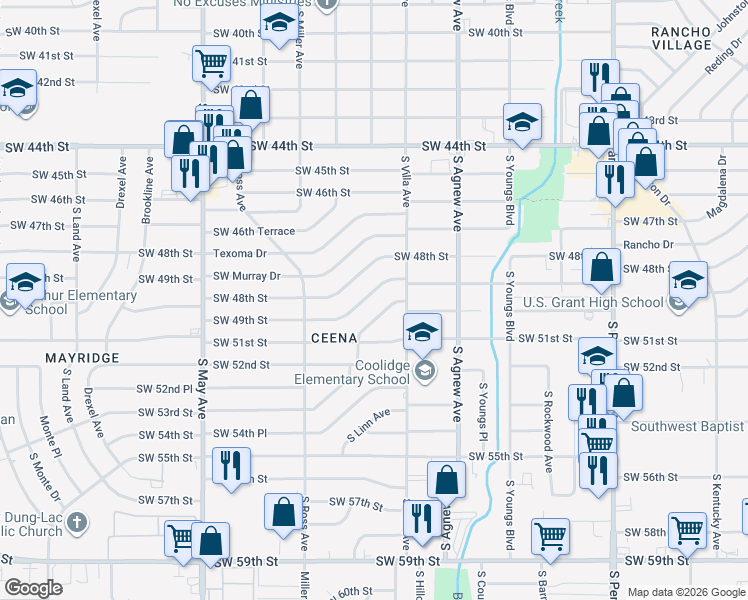 map of restaurants, bars, coffee shops, grocery stores, and more near 2544 Southwest 49th Street in Oklahoma City