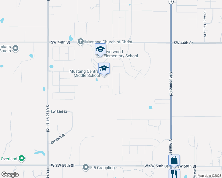 map of restaurants, bars, coffee shops, grocery stores, and more near 11749 Southwest 54th Street in Mustang