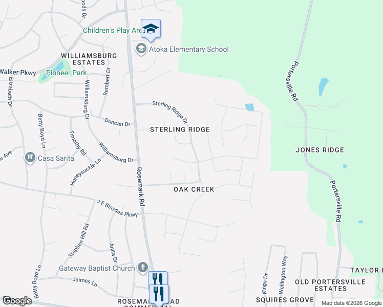 map of restaurants, bars, coffee shops, grocery stores, and more near 469 Sterling Ridge Drive in Atoka