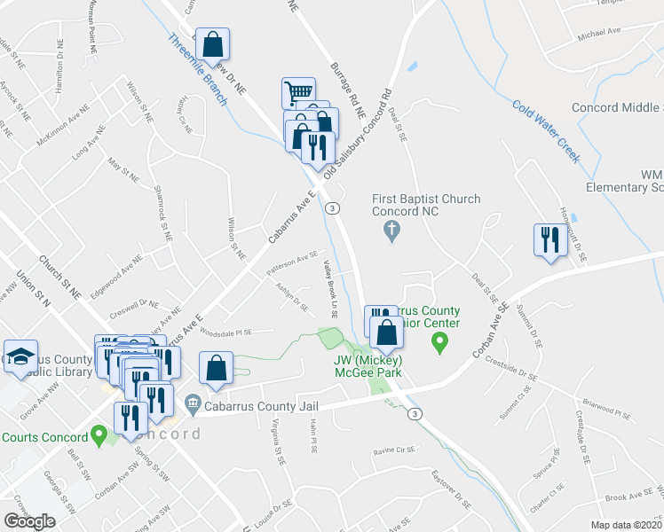 map of restaurants, bars, coffee shops, grocery stores, and more near 313 Valley Brook Lane Southeast in Concord