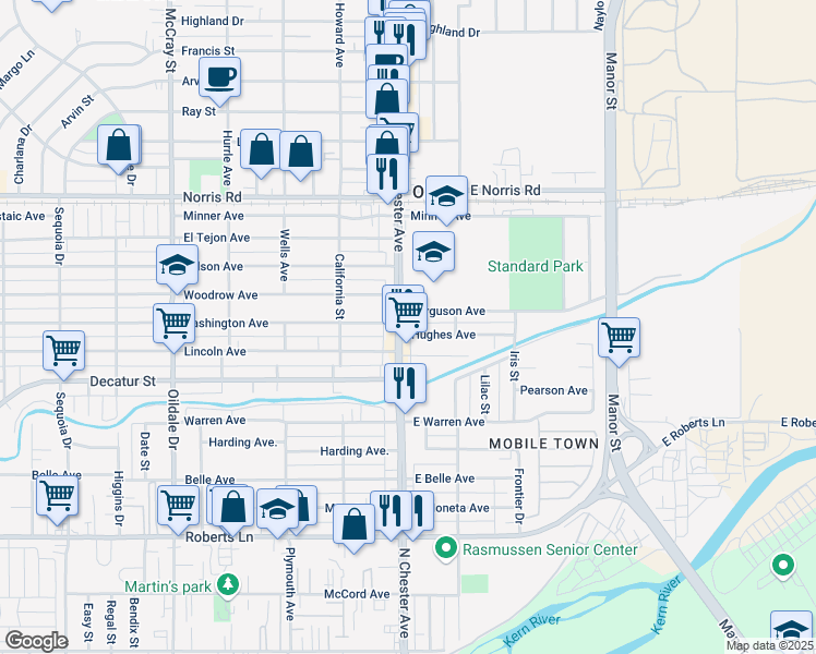 map of restaurants, bars, coffee shops, grocery stores, and more near 105 Hughes Avenue in Bakersfield