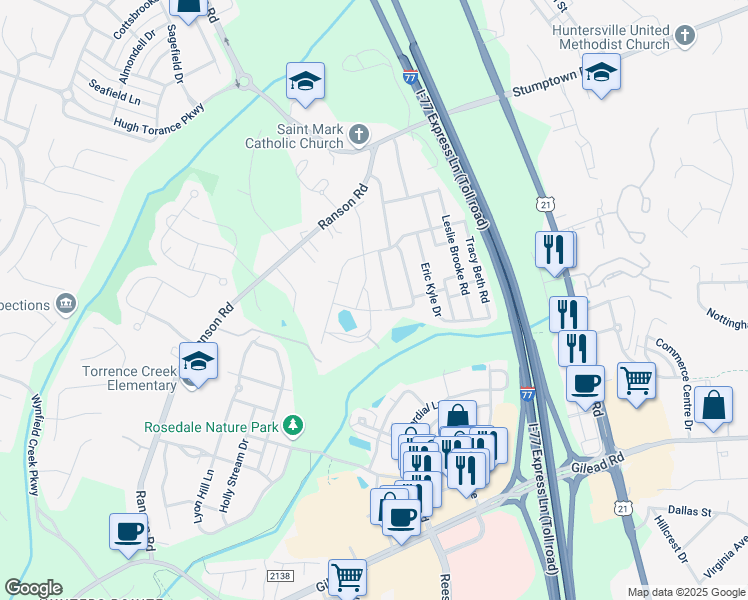 map of restaurants, bars, coffee shops, grocery stores, and more near 13634 Huntson Reserve Road in Huntersville
