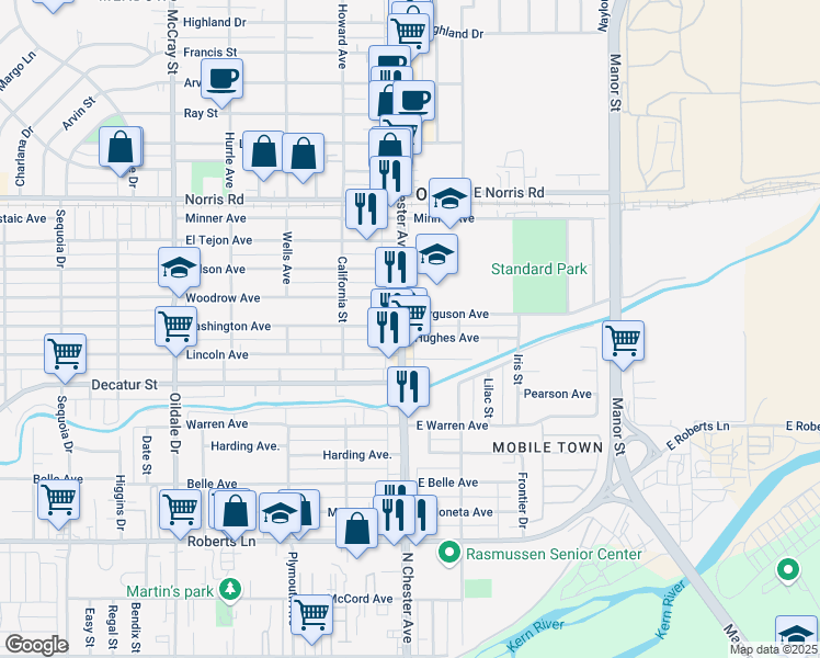 map of restaurants, bars, coffee shops, grocery stores, and more near 105 Hughes Avenue in Bakersfield