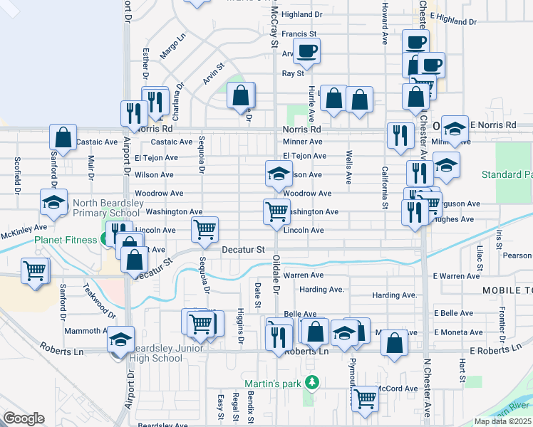map of restaurants, bars, coffee shops, grocery stores, and more near 508 Lincoln Avenue in Bakersfield