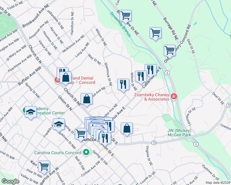 map of restaurants, bars, coffee shops, grocery stores, and more near 50 Shamrock Street Northeast in Concord
