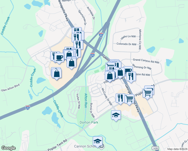 map of restaurants, bars, coffee shops, grocery stores, and more near 418 Beacon Street Northwest in Concord