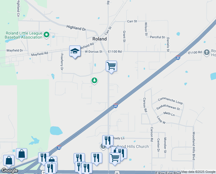 map of restaurants, bars, coffee shops, grocery stores, and more near 303 South Roland Road in Roland