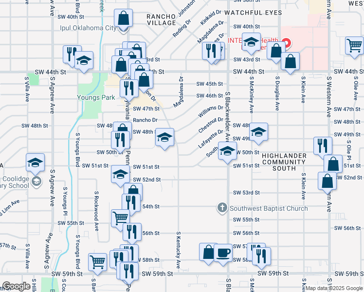 map of restaurants, bars, coffee shops, grocery stores, and more near 1451 Lafayette Drive in Oklahoma City