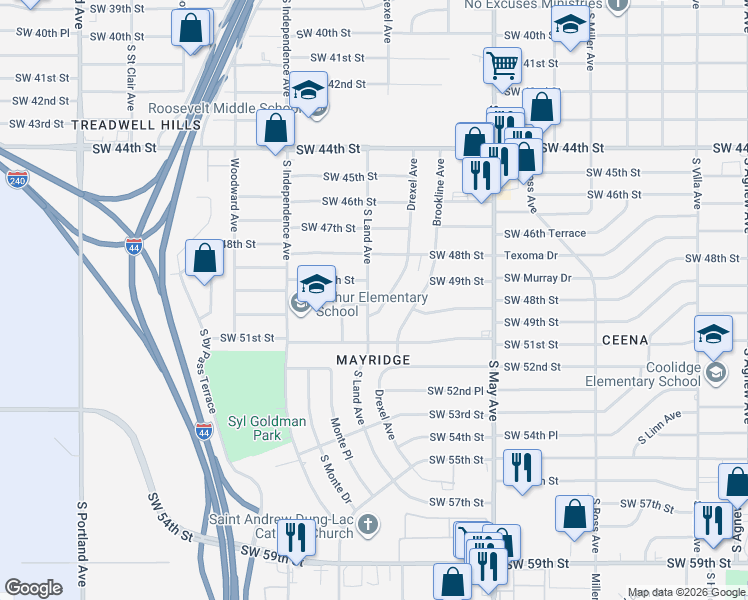 map of restaurants, bars, coffee shops, grocery stores, and more near 5020 Drexel Avenue in Oklahoma City