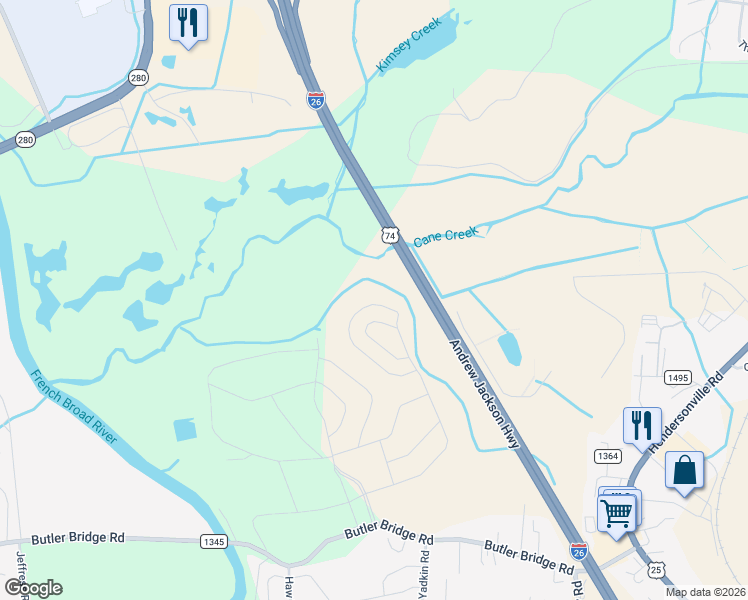 map of restaurants, bars, coffee shops, grocery stores, and more near 351 Tap Root Lane in Fletcher