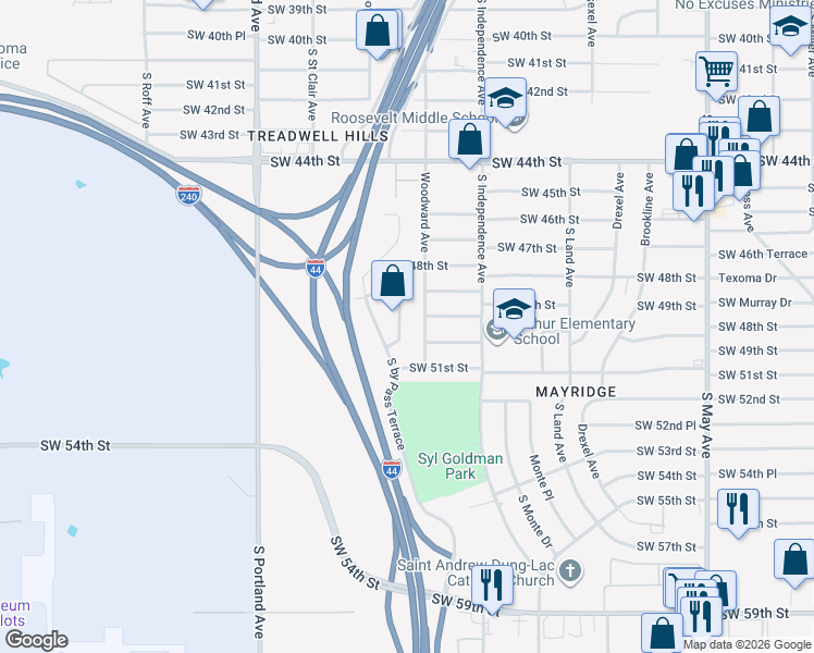map of restaurants, bars, coffee shops, grocery stores, and more near 5025 South Buddy Lane in Oklahoma City