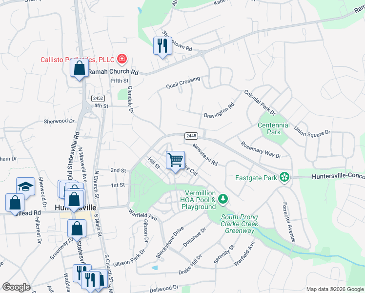 map of restaurants, bars, coffee shops, grocery stores, and more near 12512 Newstead Road in Huntersville