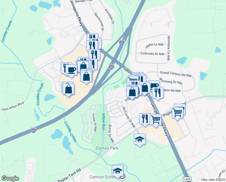 map of restaurants, bars, coffee shops, grocery stores, and more near 418 Beacon Street Northwest in Concord