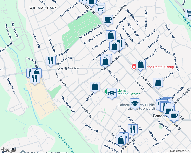 map of restaurants, bars, coffee shops, grocery stores, and more near 131 Buffalo Avenue Northwest in Concord