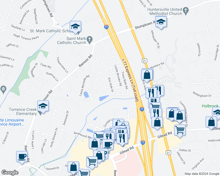 map of restaurants, bars, coffee shops, grocery stores, and more near 15187 Eric Kyle Drive in Huntersville