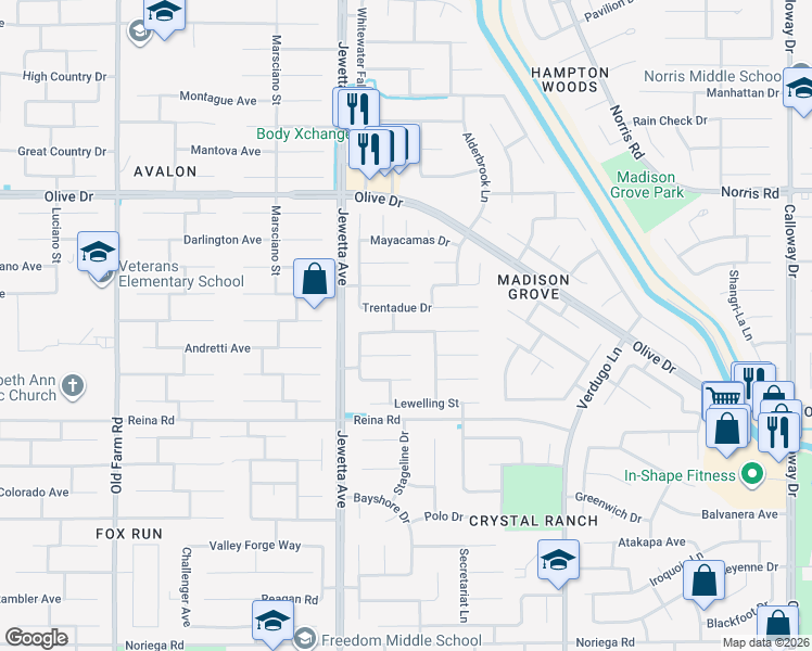 map of restaurants, bars, coffee shops, grocery stores, and more near 11021 Corbett Canyon Drive in Bakersfield