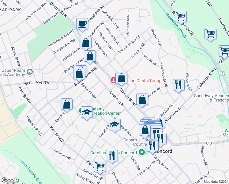 map of restaurants, bars, coffee shops, grocery stores, and more near 166A Union Street North in Concord