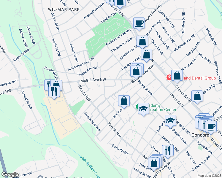 map of restaurants, bars, coffee shops, grocery stores, and more near 182 Buffalo Avenue Northwest in Concord