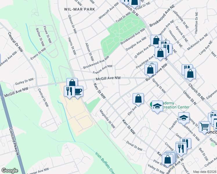 map of restaurants, bars, coffee shops, grocery stores, and more near 243 Misenheimer Drive Northwest in Concord