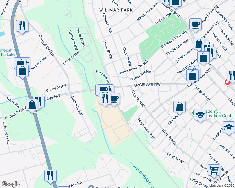 map of restaurants, bars, coffee shops, grocery stores, and more near 444 Railroad Drive Northwest in Concord
