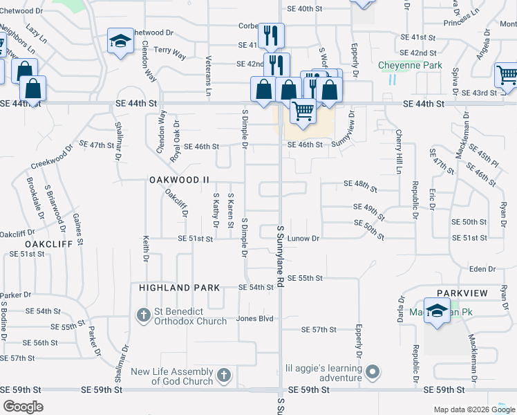 map of restaurants, bars, coffee shops, grocery stores, and more near 4200 Southeast 49th Street in Oklahoma City