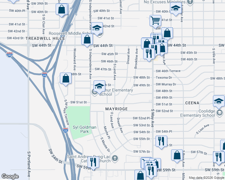map of restaurants, bars, coffee shops, grocery stores, and more near 3216 Southwest 50th Street in Oklahoma City