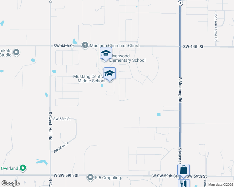 map of restaurants, bars, coffee shops, grocery stores, and more near 11749 Southwest 54th Street in Mustang