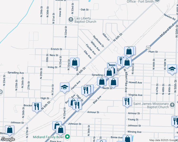 map of restaurants, bars, coffee shops, grocery stores, and more near 3640 Harris Avenue in Fort Smith