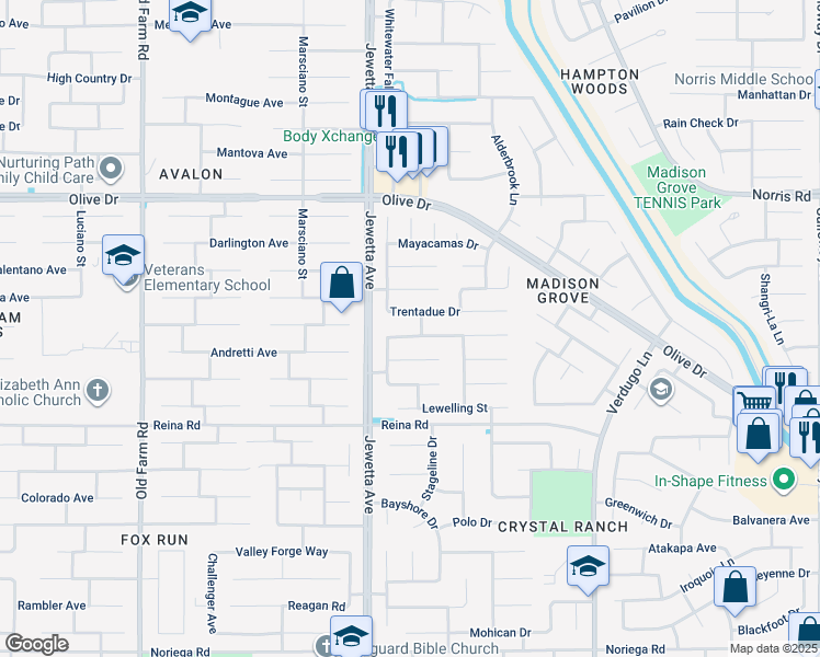 map of restaurants, bars, coffee shops, grocery stores, and more near 11106 Corbett Canyon Drive in Bakersfield