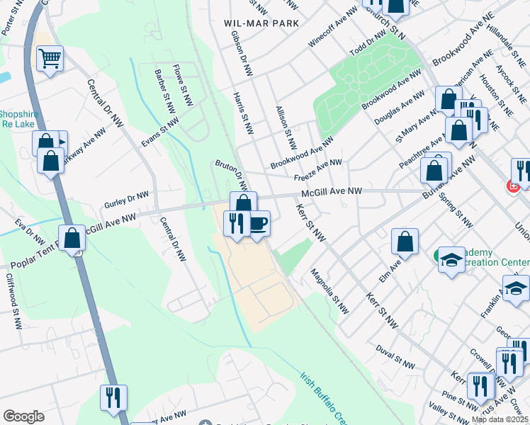 map of restaurants, bars, coffee shops, grocery stores, and more near 444 Railroad Drive Northwest in Concord