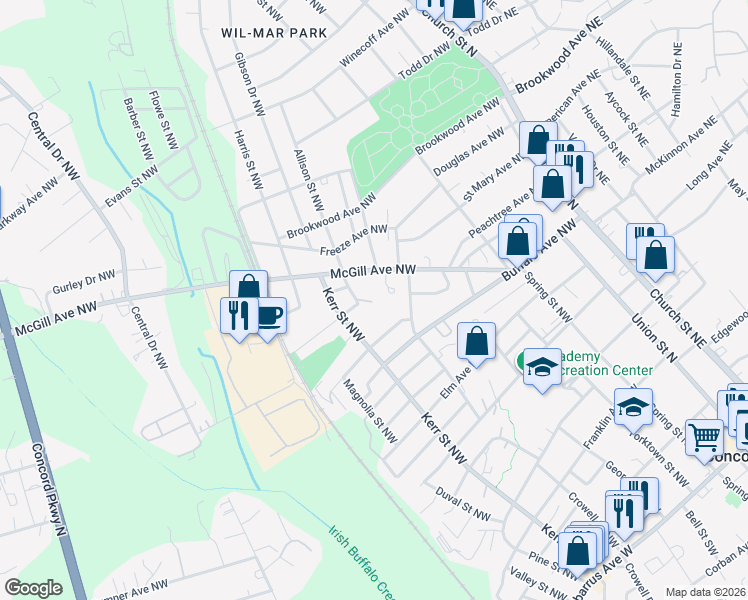 map of restaurants, bars, coffee shops, grocery stores, and more near 243 Misenheimer Drive Northwest in Concord