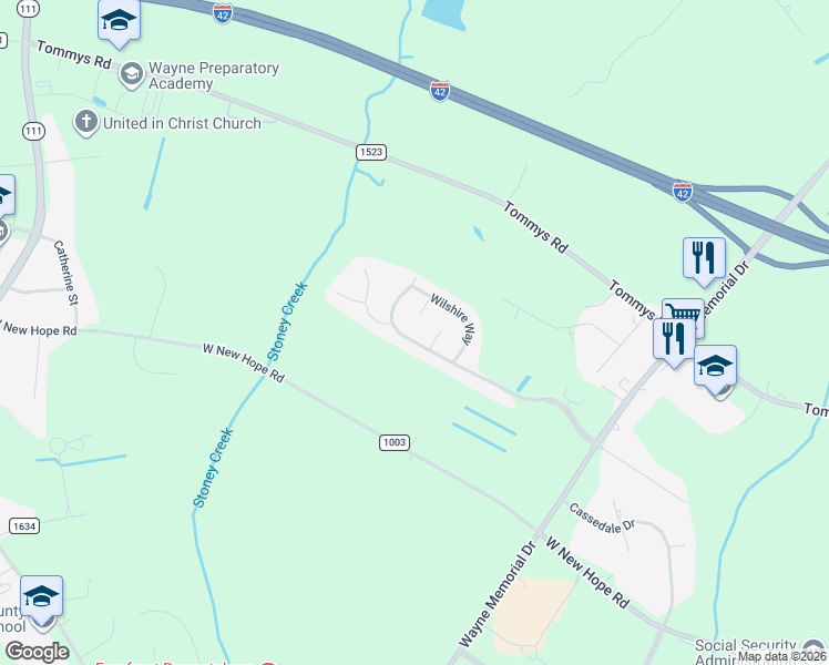 map of restaurants, bars, coffee shops, grocery stores, and more near 405 Windsor Creek Parkway in Goldsboro