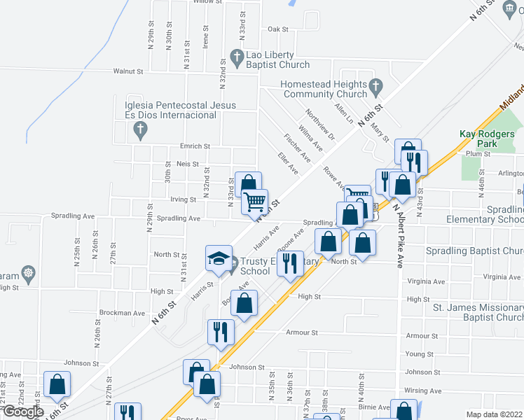 map of restaurants, bars, coffee shops, grocery stores, and more near 3701 North 6th Street in Fort Smith