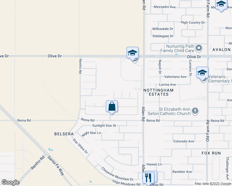 map of restaurants, bars, coffee shops, grocery stores, and more near 6110 Ozark Mountain Drive in Bakersfield