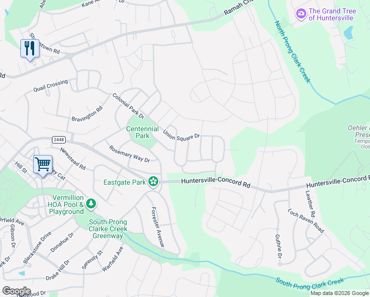 map of restaurants, bars, coffee shops, grocery stores, and more near 13903 Tilesford Lane in Huntersville