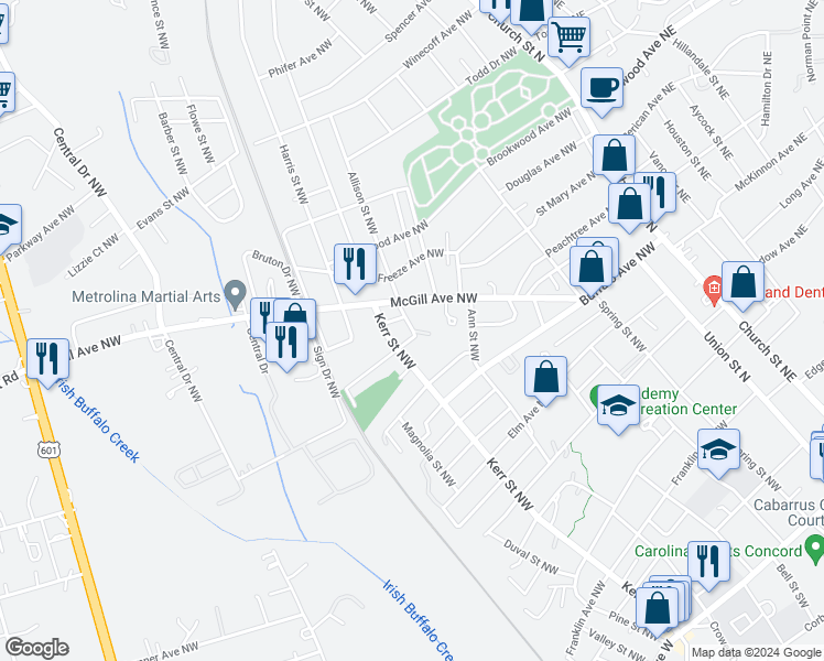 map of restaurants, bars, coffee shops, grocery stores, and more near 226 Misenheimer Drive Northwest in Concord