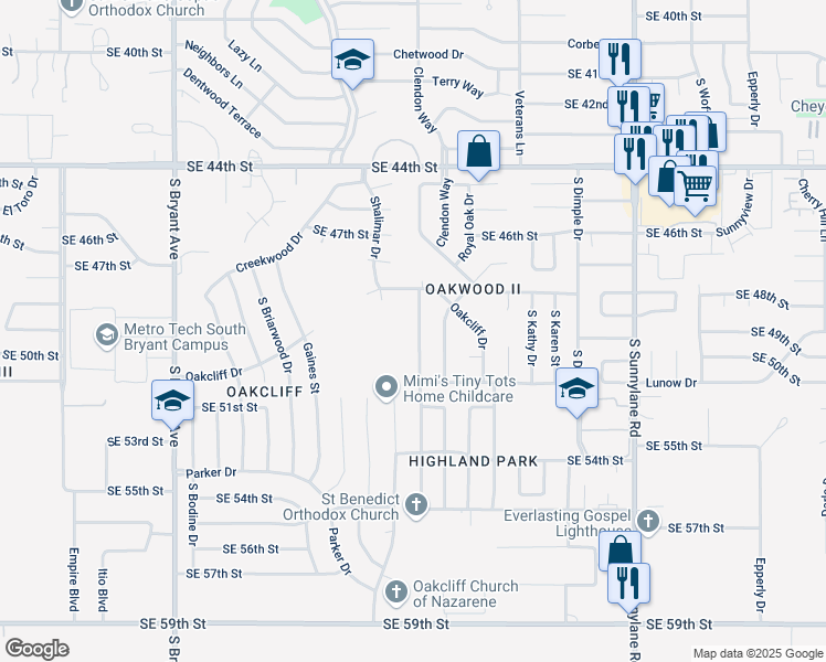map of restaurants, bars, coffee shops, grocery stores, and more near 5021 Keith Drive in Oklahoma City