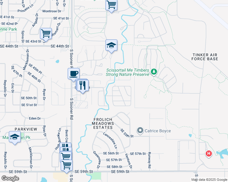 map of restaurants, bars, coffee shops, grocery stores, and more near 6220 Southeast 49th Street in Oklahoma City