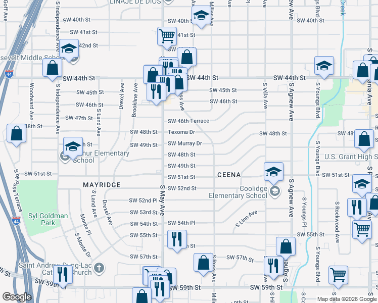 map of restaurants, bars, coffee shops, grocery stores, and more near 2736 Southwest 48th Street in Oklahoma City