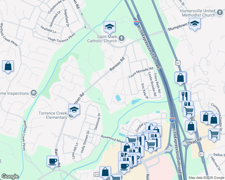 map of restaurants, bars, coffee shops, grocery stores, and more near in Huntersville