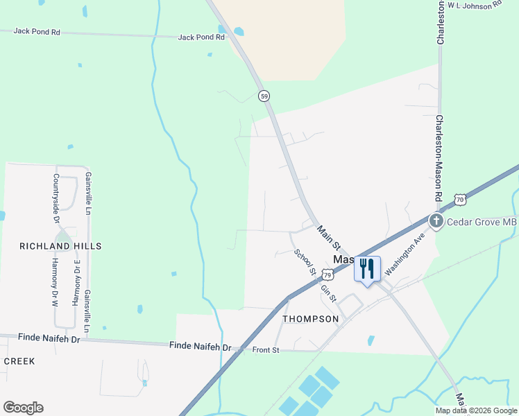 map of restaurants, bars, coffee shops, grocery stores, and more near 53 Stevens Road in Mason