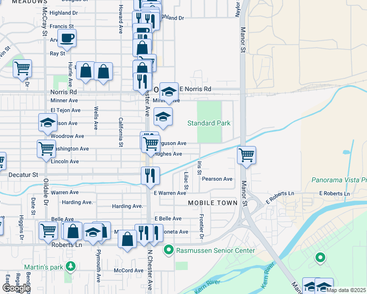 map of restaurants, bars, coffee shops, grocery stores, and more near 213 Hughes Avenue in Bakersfield